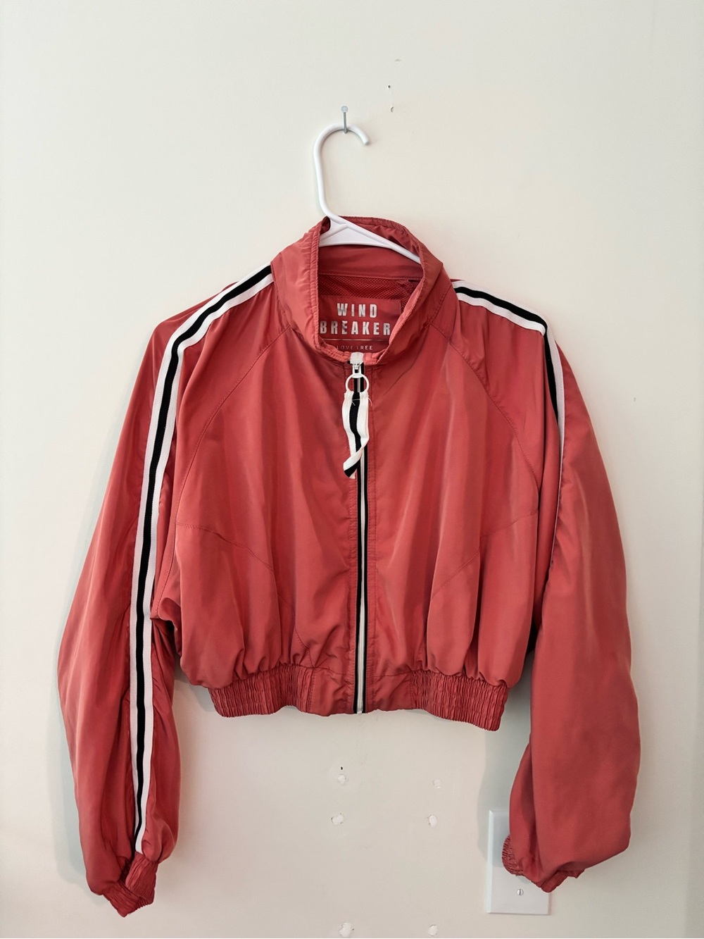 Love Tree Rose Red Cropped Windbreaker with Black & White Stripes